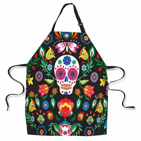 Yehwow Mexican Sugar Skull Floral Bib Apron For Kitchen BBQ Gardening With Adjustable Neck Strap 27x31 Inch
