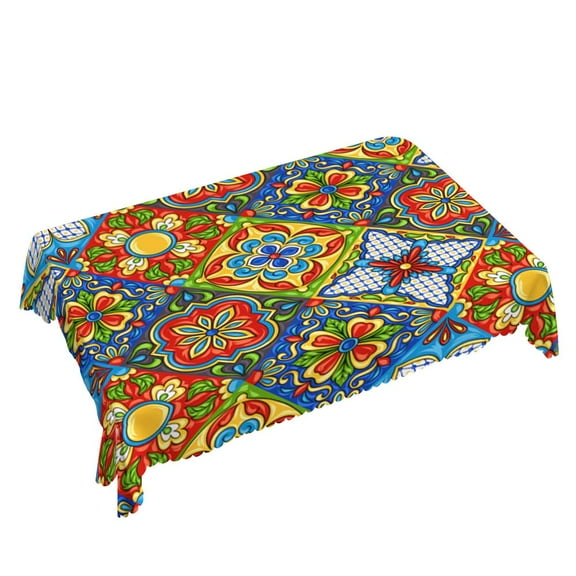 Yehwow Mexican Talavera Ceramic Tile Rectangle Tablecloth 52x70 Inch Table Cover for Kitchen Dining Party Picnic Decor