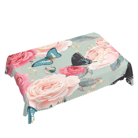 Yehwow Pink Rose Butterfly Rectangle Tablecloth 52x70 Inch Table Cover for Kitchen Dining Party Picnic Decor