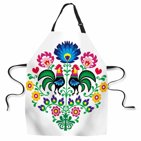Yehwow Polish Folk Pattern with Roosters and Floral Bib Apron For Kitchen BBQ Gardening With Adjustable Neck Strap 27x31 Inch