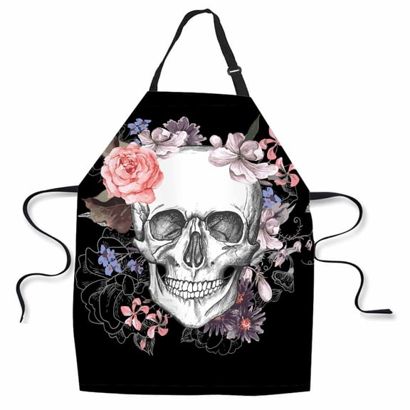 Yehwow Skull With Flowers Bib Apron For Kitchen BBQ Gardening With Adjustable Neck Strap 27x31 Inch