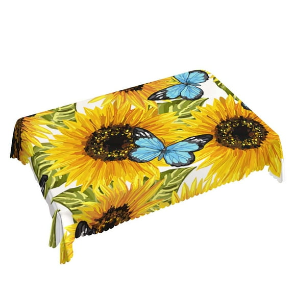 Yehwow Sunflowers Butterflies Blue Yellow Rectangle Tablecloth 52x70 Inch Table Cover for Kitchen Dining Party Picnic Decor