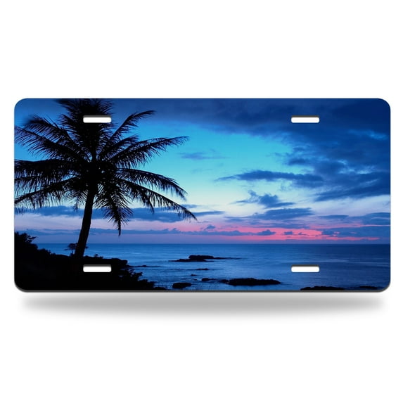 Yehwow Tropical Paradise Ocean Beach Scene With Palm Trees Metal Car Plate Decorative Aluminum License Plate Tag Sign
