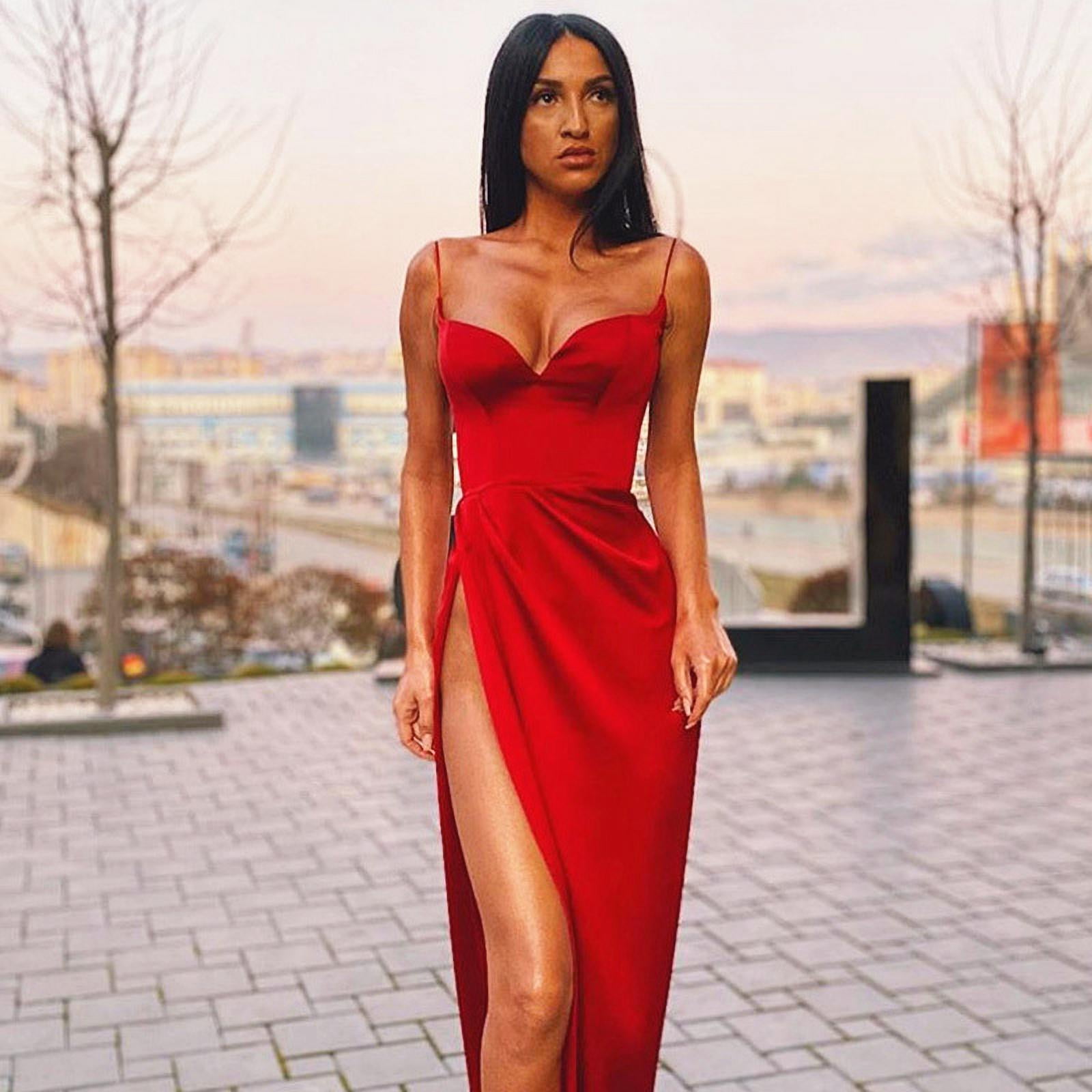 Yejaeka Women Summer Solid Color V Neck High Slit Slip Dress