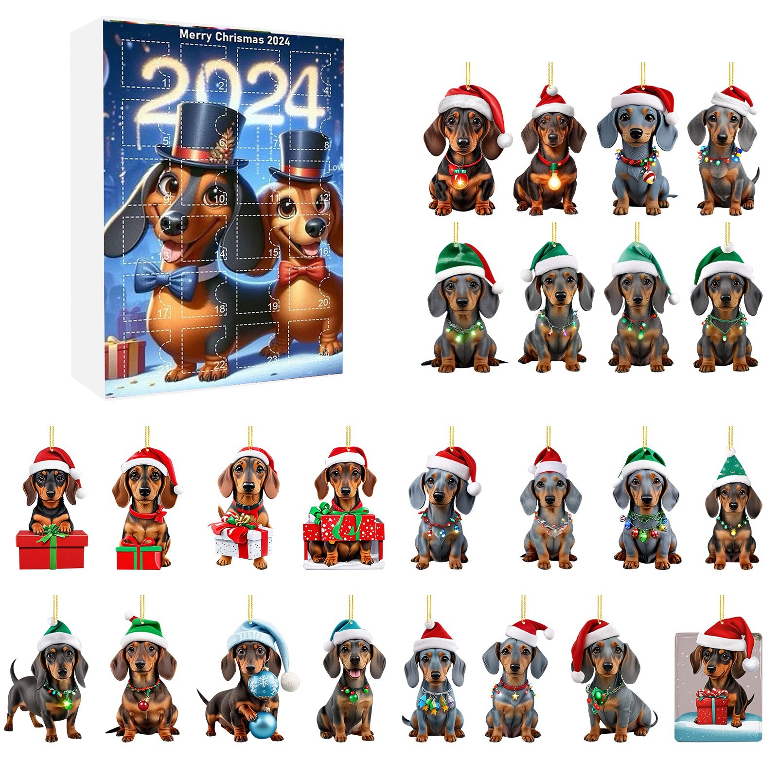 Yekoi 2D Acrylic Dog Advent Calendar Countdown To Christmas Puppets an