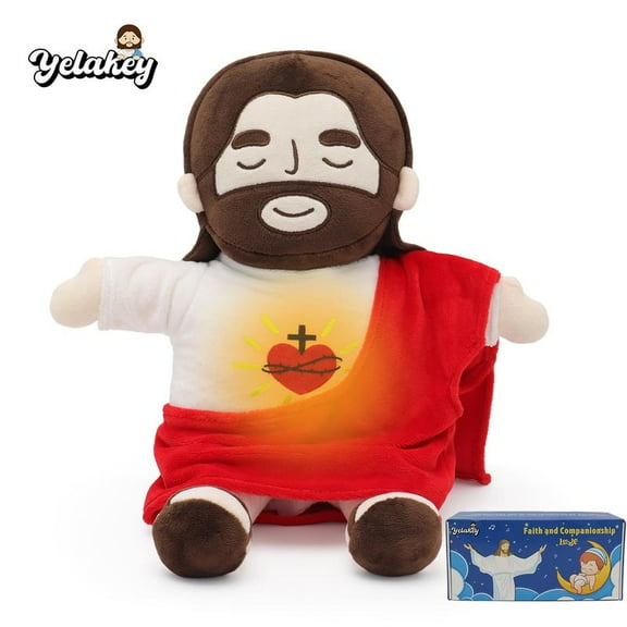 Yelakey Breathing Jesus Plush Soothing Jesus Plush Toys with Light & Sound, Jesus Stuffed Animal Breathing Plushy Doll, Christian Catholic Religious Plushie Christmas Easter Gifts for Kids Baby Adult