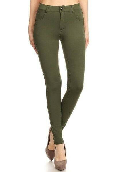 Lady's Mid Rise Ponte Knit Skinny Pants in Olive - Women's Size Medium