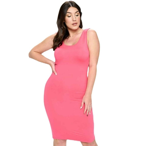 Yelete Lady's Scoop Neckline Body-Con Dress, Plus Size, Hot Pink, XL