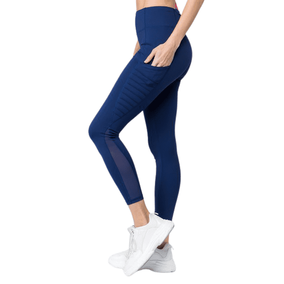 Yelete Women's High Waist Mesh Leggings with Moto Pockets, Navy Blue M
