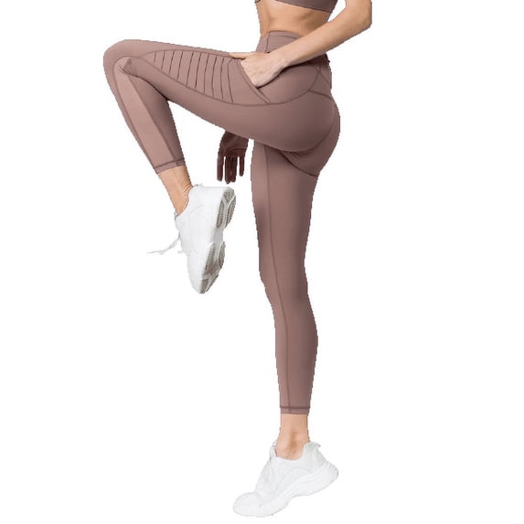 Yelete Women's High Waist Mesh Leggings with Moto Pockets, Smoky Mauve L