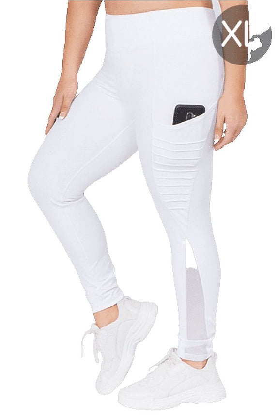 Women's High Waist Mesh Leggings with Moto Pockets, White XL