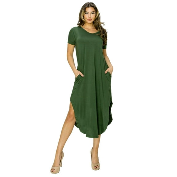Yelete Womens Casual Curved Hem Midi Dress with Pockets (Green, Small)