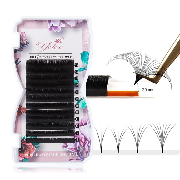 Yelix Easy Fan Volume Eyelash Extensions, Double-Layer Root Instant Bloom Lashes, 8-15mm Mixed Handmade Lash Trays