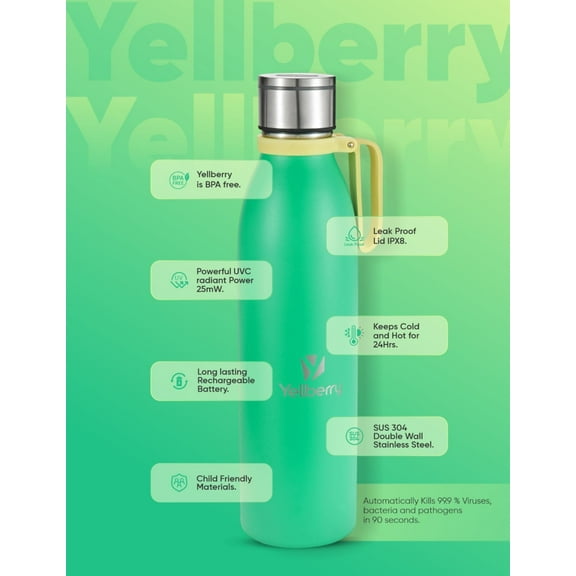 Yellberry MinT360 Self-Cleaning Smart UV-C Water Bottle, 24oz Green, Stainless Steel, BPA-Free, USB Magnetic Charging