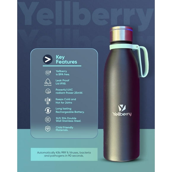 Yellberry Noir Hydra Self Cleaning 24oz Stainless Steel Water Bottle with USB Charging Cable