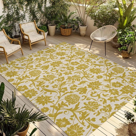 Yelllow Floral Outdoor Rug for Patio/Deck/Porch, Non-Slip Large Area Rug 4 x 6 Ft, Vintage Rustic Plants Flowers Spring Indoor Outdoor Rugs Washable Area Rugs, Reversible Camping Rug Carpet Runner