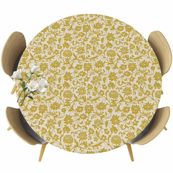 Yelllow Floral Round Tablecloth, Fitted Table Cover with Elastic for 55"-60" Round Tables, Vintage Rustic Plants Flowers Spring Table Cloth Outdoor Indoor Dinning Party Waterproof Tablecloths