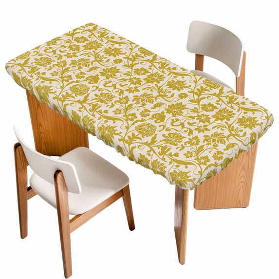 Yelllow Floral Table Cloths for 3 Foot Rectangle Tables, Vintage Rustic Plants Flowers Spring Patio Waterproof Elastic Fitted Tablecloths, Washable Rectangular Table Cover for Camping