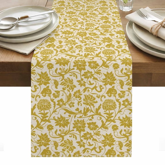 Yelllow Floral Table Runner - 36 Inch Long, Kitchen Dining Table Runner Dresser Scarves, Vintage Rustic Plants Flowers Spring Farmhouse Decor for Coffee Tables Wedding Party Banquet