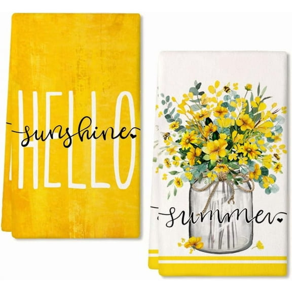 Yello Flower Vase Summer Kitchen Towels Dish Towels Set of 2,Hello Sunshine Spring Hand Towels 18x26 Inch Drying Dishcloth,Farmhouse Home Seasonal Holiday Summer Decorations AD302