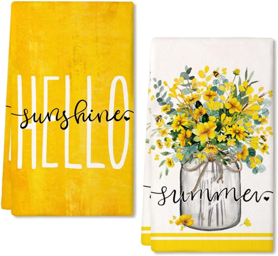 Yello Flower Vase Summer Kitchen Towels Dish Towels Set of 2,Hello ...