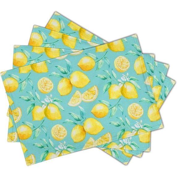 Yello Lemon Fruit Placemats Set of 4, Blue Floor Washable Dining Mat, Rectangle Linen 12 x 18in Non Slip Place Mat for Kitchen Dining Party Decoration