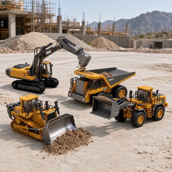 Yellow 1:20 Alloy Plastic 4-in-1 Remote Control Excavator Bulldozer Dump Truck Loader RC Construction Vehicle Set Rotatable LED Light with Battery and Charger