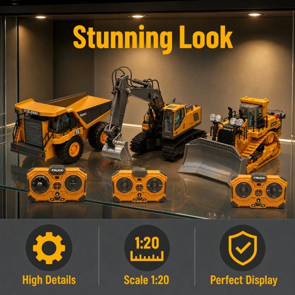 Yellow 1:20 RC Construction Equipment Trio, Alloy Plastic RC Excavator Bulldozer Tipper, Rotatable Machine Top Assembly, Built-in LED Illumination, Battery & Charger Included