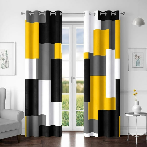 Yellow 100% Blackout Curtains for Bedroom,Set Mustard Yellow Grey Modern Abstract Geometric Black Out Curtains Room Darkening Window Drapes for Living Room 42"W x 84"L (Pack of 2)