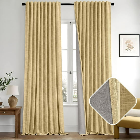 Yellow 100% Blackout Linen Curtains 120 Inch 2 Panels Set Double Sided No Coating Pinch Pleated Back Tab Black out 10 FT Extra Long Thermal Insulated Bedroom Living Room Darkening Window Drapes