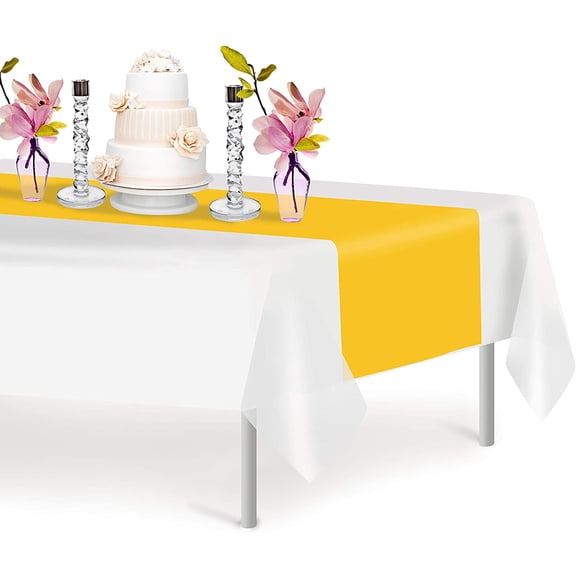 Yellow 12 Pack Premium Disposable Plastic Table Runner 14 x 108 Inch. Decorative Table Runner for Dinner Parties & Events, Decor By Grandipity