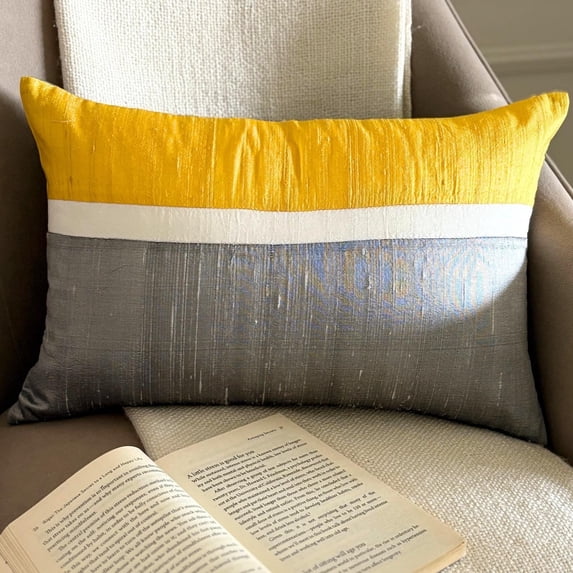 Yellow 12"x18" (30x45 cm) Lumbar Pillow Cover, Silk Color Blocking & Patchwork Oblong Pillow, Modern Pattern Striped Style - Plush Yellow Silk
