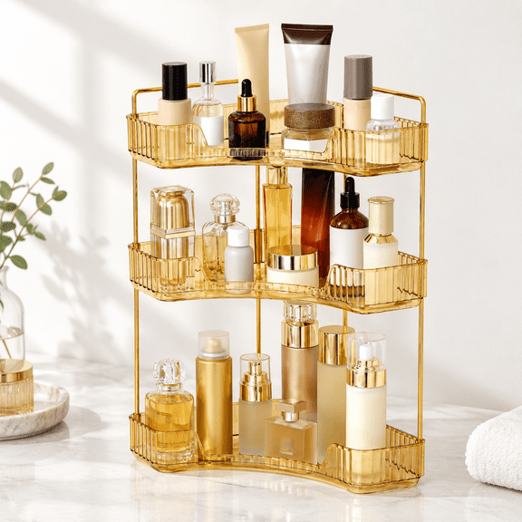 Yellow 13.6" x 10.1" x 17.5" 3 Tier Corner Makeup Organizer Vanity Tray