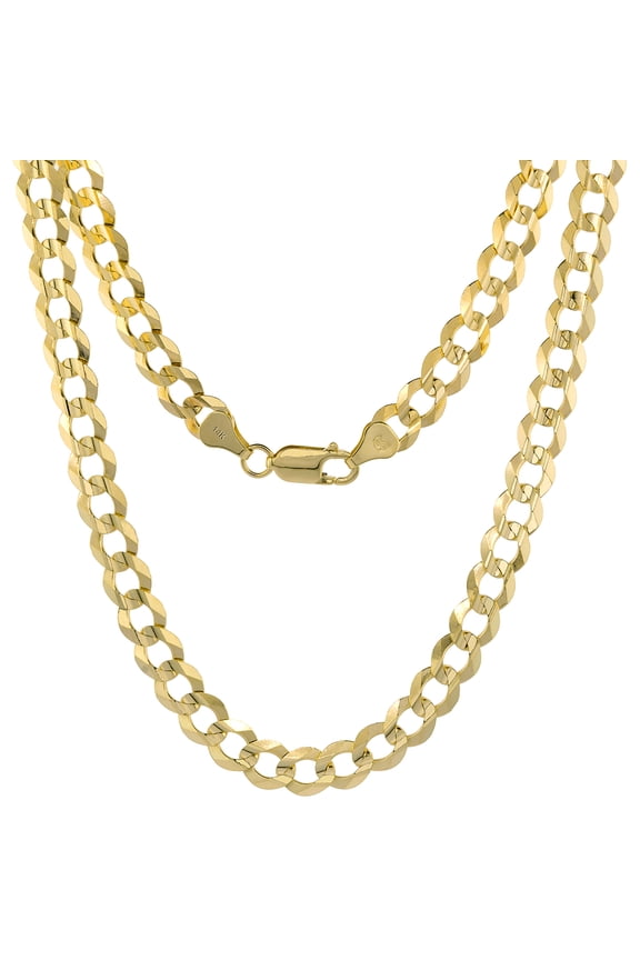 Yellow 14k Gold 7.5mm Curb Link Chain Necklace for Men and Women Concaved Center Beveled Edges 24 inch