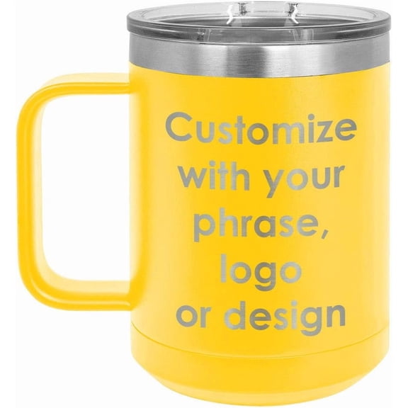 Yellow 15 oz Coffee Mug w/Slide Top Lid | Add Your Text w/Names, Phrase, Design or Company | Insulated Travel Coffee Cup | Compare To | ONLYGIFTS.COM