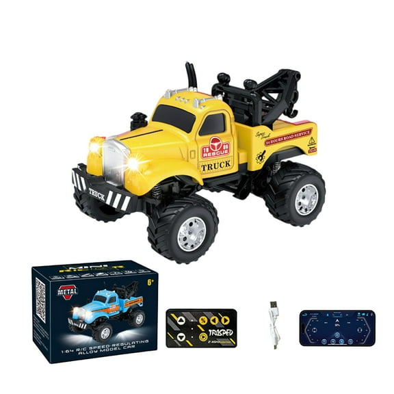 Yellow 164 Scale Alloy Rc Tow Truck with Front & Rear Lights 3-Speed Settings 4Ghz Remote Control Rechargeable Battery, Impact-Resistant Metal Body Portable for Indoor Outdoor Play, 2025 New Design