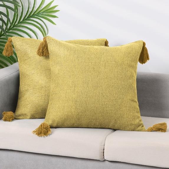 REGALWOVEN Linen Fringe Cushion Cover Set, 2 Pcs Sofa Throw Pillow Covers with Tassel Design Yellow 18" x 18"