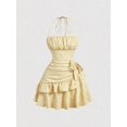 thumbnail image 1 of Yellow 2 Gingham Daisy Print Ruched Halter Dress With Tiered Ruffle Skirt, 1 of 29