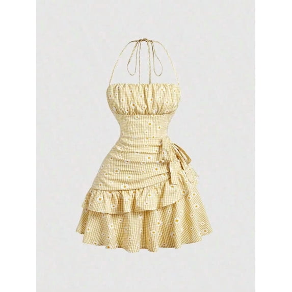 Yellow 2 Gingham Daisy Print Ruched Halter Dress With Tiered Ruffle Skirt