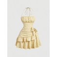 thumbnail image 1 of Yellow 2 Gingham Daisy Print Ruched Halter Dress With Tiered Ruffle Skirt, 1 of 29