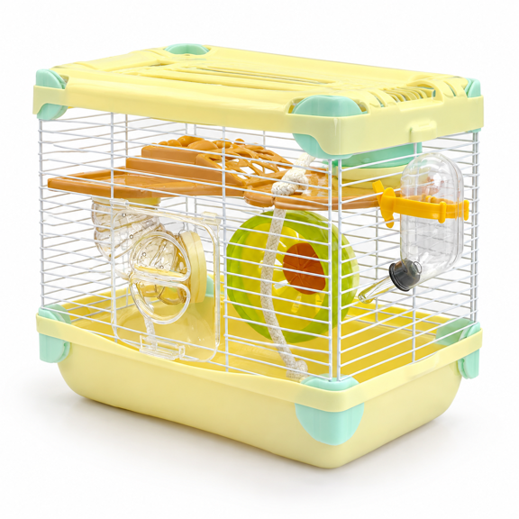 Yellow 2-Layer Portable Small Pet Habitat with Exercise Wheel for Hamsters Mice Gerbils