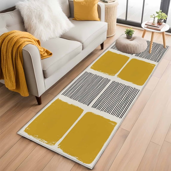 Yellow 2'x6' Runner Rugs for Hallway Kitchen Bedside Non Slip Washable, Modern Painting Farmhouse Striped Abstract Art Entryway Rug Runners with Rubber Backing, Long Carpet Runner for Laundry Room
