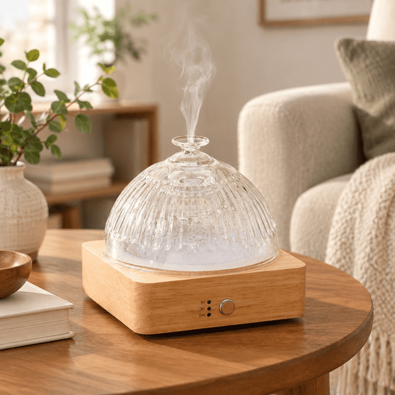 Yellow 200ml Ultrasonic Oil Diffuser With Glass Reservoir and Wood Base
