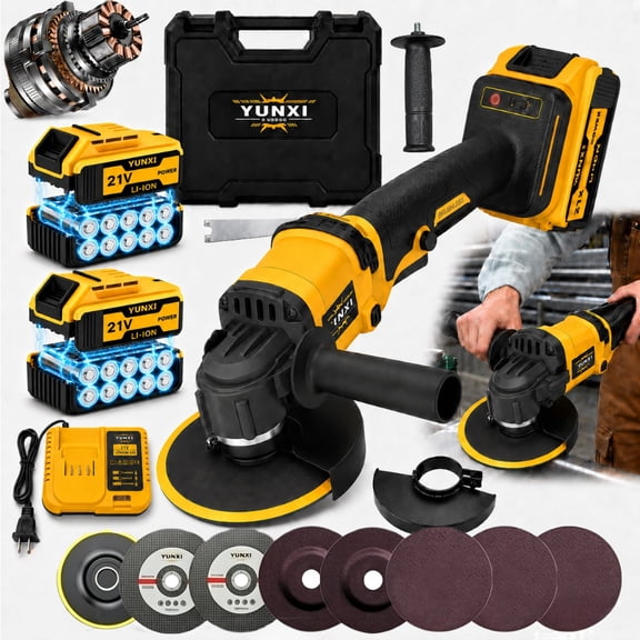 Yellow 21V Cordless Angle Grinder with 2 Luxury Batteries and 2 Plastic Boxes, Extended Runtime for Professional Use