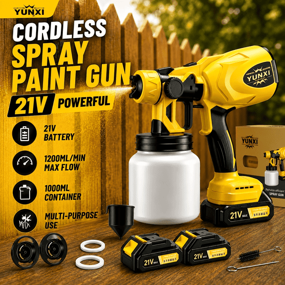 Yellow 21V Cordless Paint Spray Gun with 2 Lithium Batteries, HighPressure Sprayer for Walls Furniture and Cabinets
