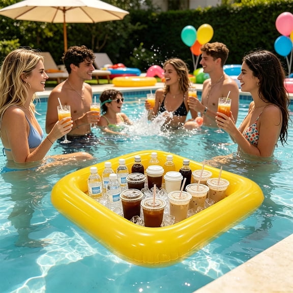 Yellow 23.62x23.62 in Inflatable Pool Floating Ice Bar Cooler Tray Square Thickened PVC Fruit Beverage Drink Holder for Summer Party Buffet
