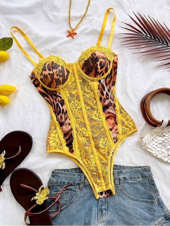 Yellow-3 Leopard Print Lace Bustier Bodysuit With Spaghetti Straps