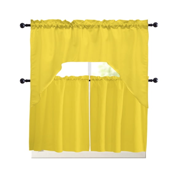 Yellow 3 Piece Swag Kitchen Curtains Set Valance and Tier Curtains 24 Inches Long, 56" x 36" Window Topper Solid Color for Cafe Bathroom Bedroom