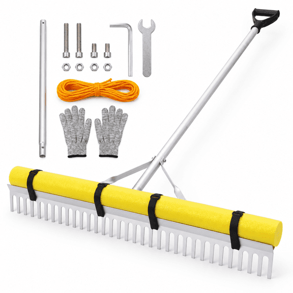 Yellow 36" Floating Pond Rake with 8.5ft Extension Handle and 52ft Rope for Aquatic Weed Removal