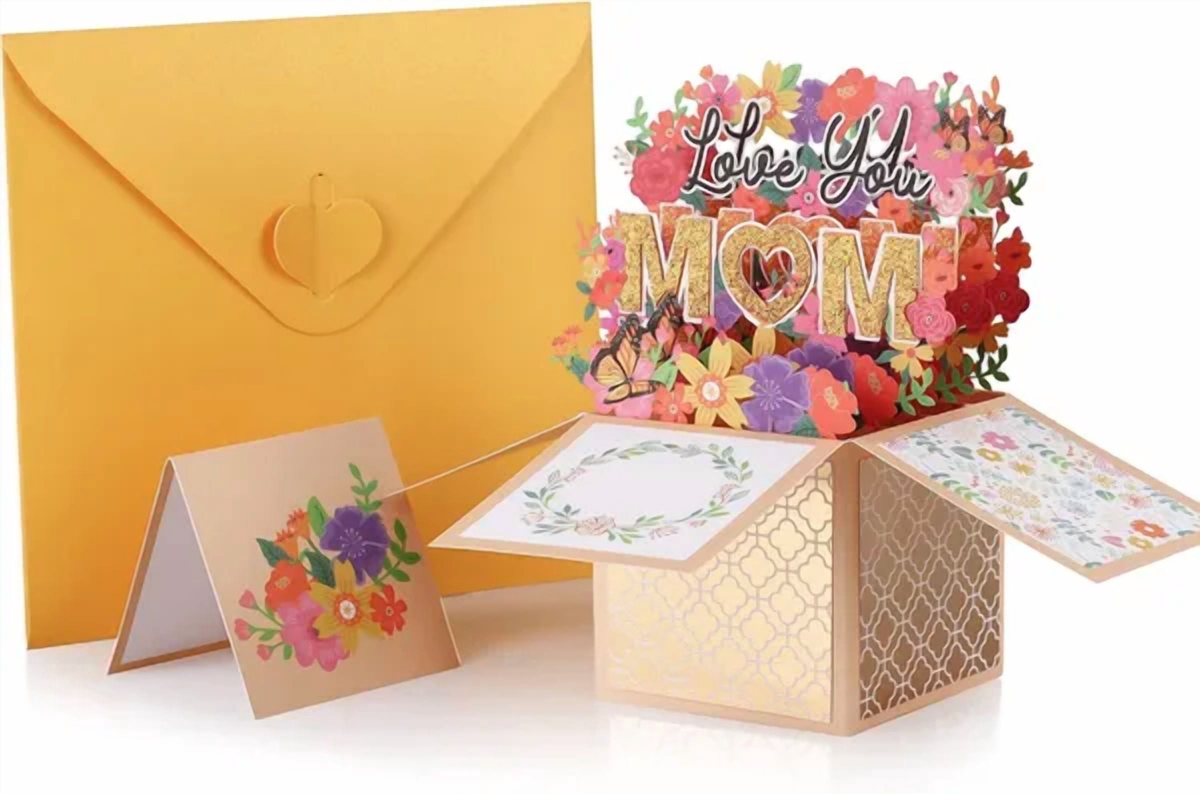 Yellow 3D Pop-Up Mother’s Day Card, Best Mom Ever Handmade Flower Greeting Card with Envelope & Notecard for Mom